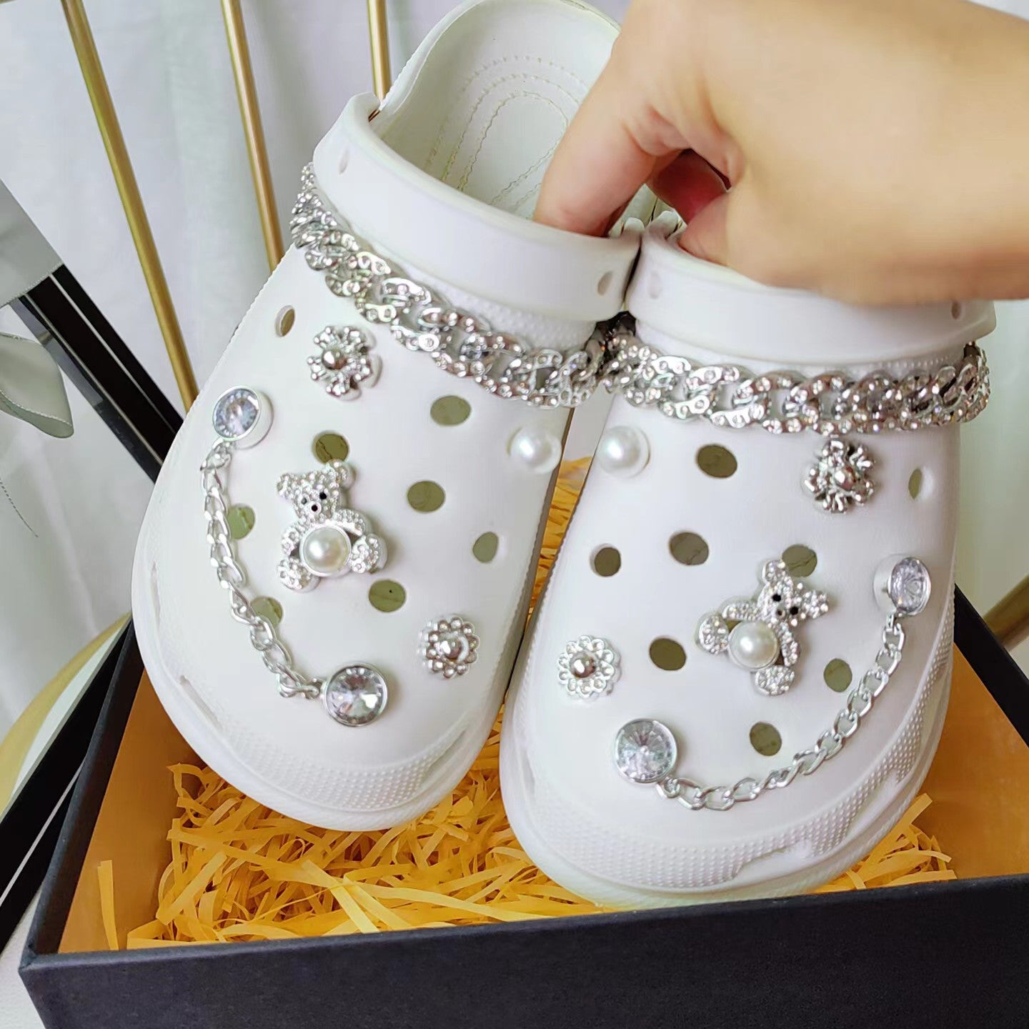 CCK  50  Crocs Croc Charms Silver Bear With Big Crystal Chain  Decoration