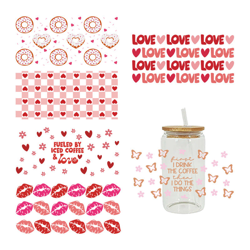 Love Heart Valentines 16Oz   UV DTF Cup Wraps Transfer Stickers Tumblers