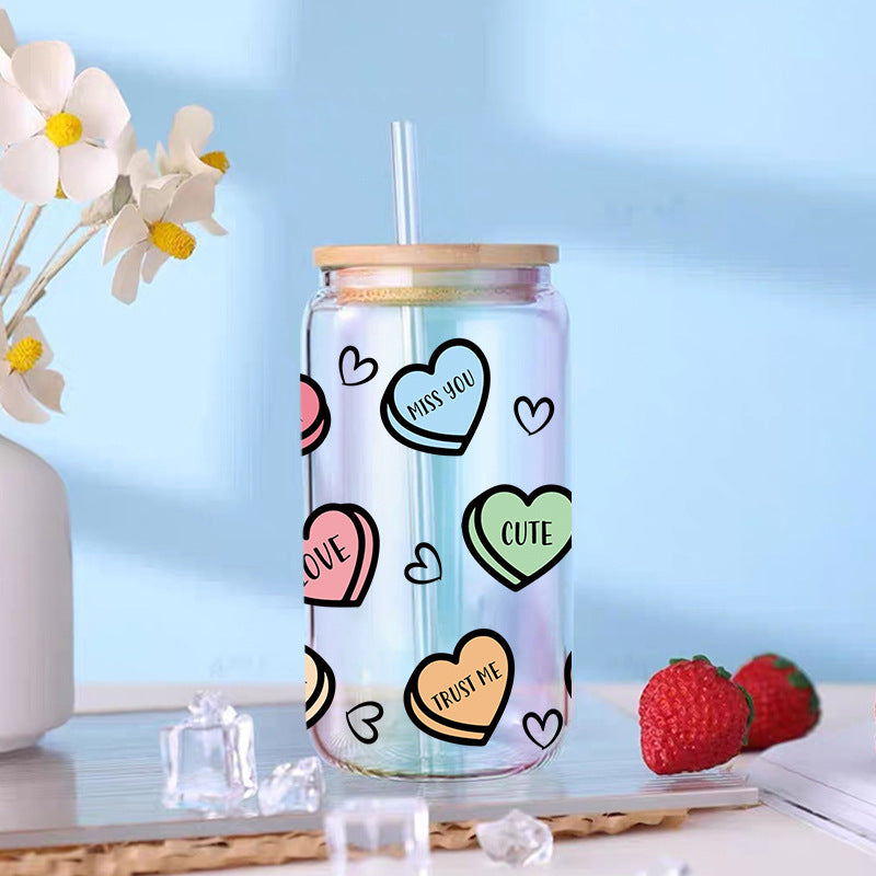 Love Heart Valentines 16Oz   UV DTF Cup Wraps Transfer Stickers Tumblers